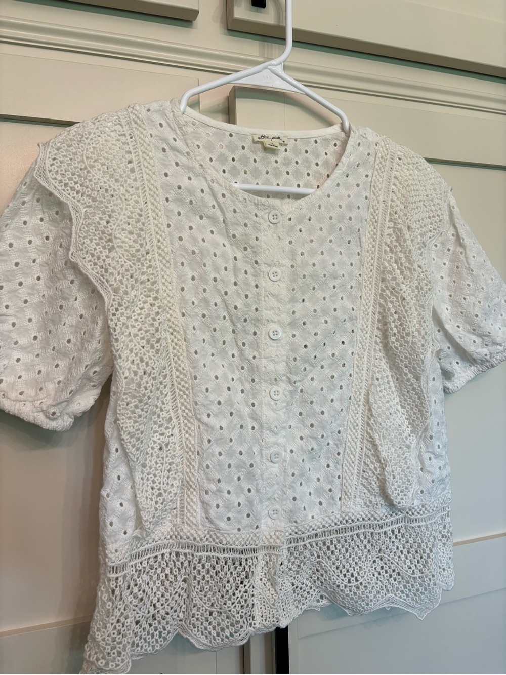 Ultra Pink White Eyelet Crochet Boho Exquisite Top Size Small